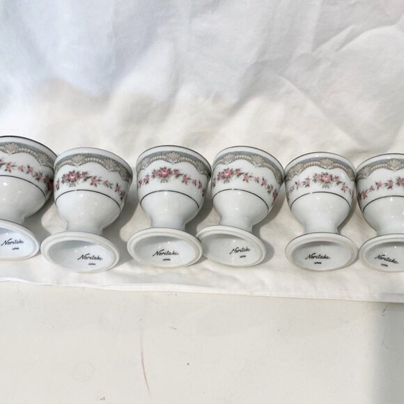 Noritake Porcelain Egg Cups Pink Roses Floral Silver Rim Set of 6 Japan Vintage - Picture 5 of 6